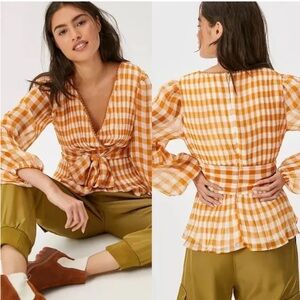 Find Me Now Shay Tie-Front Blouse Size small Anthropologie mustard white checker